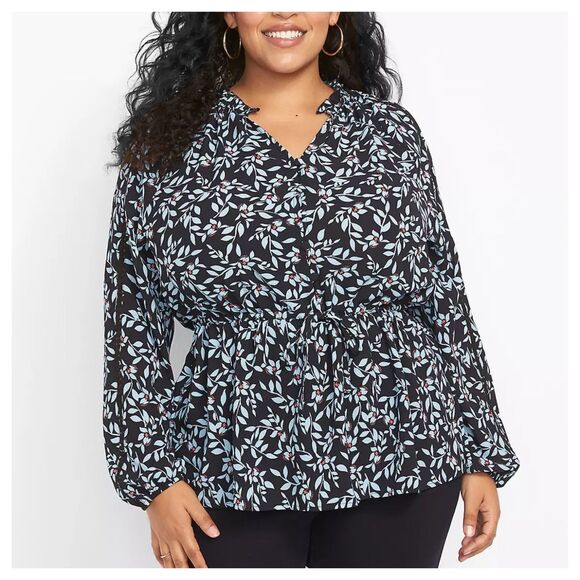 Lane Bryant Long Sleeve Ruffled Split Neck Button Blouse - Picture 1 of 7